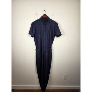 Romperjack Mens Navy Pink Pinstripe Short Sleeve Romper Jumpsuit Large